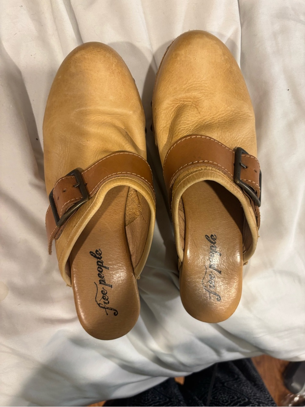 Free People Camel Leather Buckle Mules